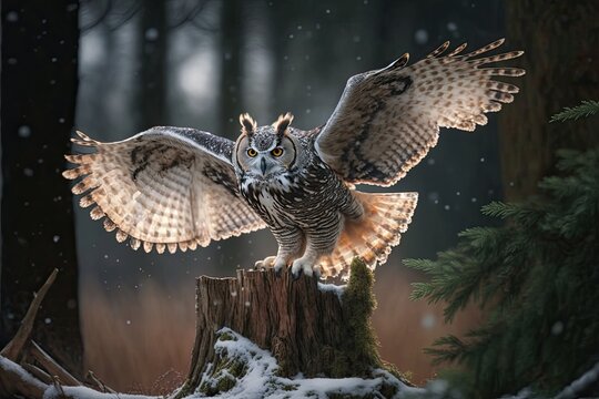 The eagle owl alights on a tree stump covered in snow in the woods. Eagle owl in flight, open wings, forest setting. a natural wintertime action scene. Generative AI