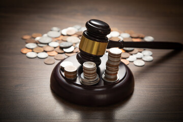 Stack of coins with judge gavel.