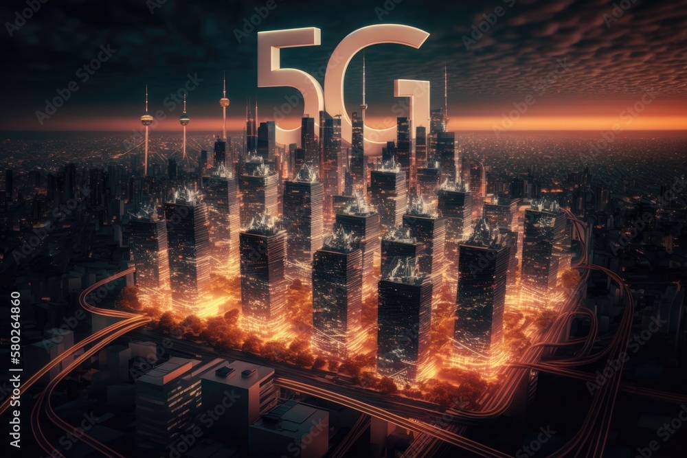 Poster the idea of a connected metropolis and the internet of things. 5g. lpwa (low power wide area). trans