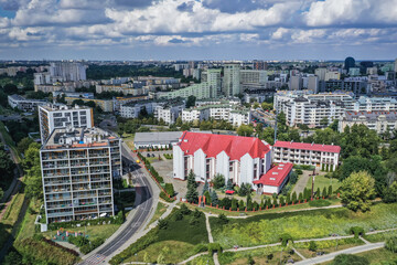 Aerial drone view of Goclaw area of Warsaw, with St John and St Paul Church, Poland