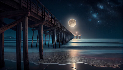 Beautiful night seascape with stars in the sky and pier stretching into the ocean. Summer, Travel, Vacation and Holiday concept - Wooden pier between sunset.