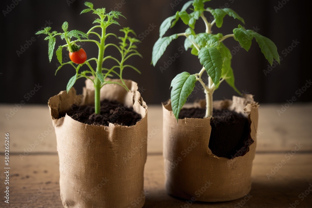 Sticker Tomato seedlings in eco pots with a wooden background, ready for transplanting or pricking out. Generative AI