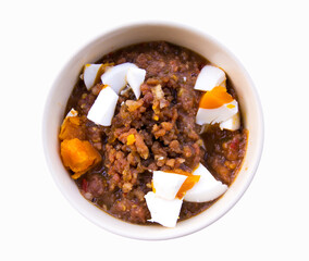 Salted Egg Chili Paste with Fresh Vegetables Thai local food, isolate, on a white background and top view 