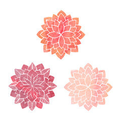 Set of watercolor red and pink stylized lotus flowers, mandala, oriental circled pattern on white background, vector illustration