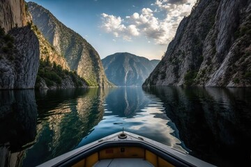 The view of Matka Canyon and Matka Lake from a sailboat, August 29, 2022, in Skoje, Macedonia. Matka is the oldest man made lake in Macedonia and a popular tourist destination. Generative AI - obrazy, fototapety, plakaty