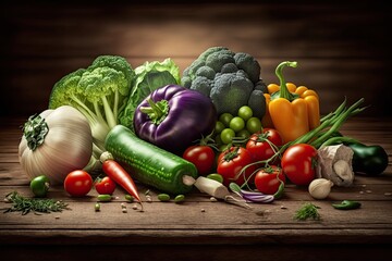 Vegetables on a wooden table, all fresh and organic. vegetables (tomato, pepper, broccoli, onion, garlic, cucumber, eggplant, and black eyed peas). Generative AI
