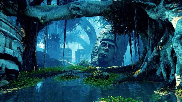 Sculptures of the gods of ancient civilizations in the jungle