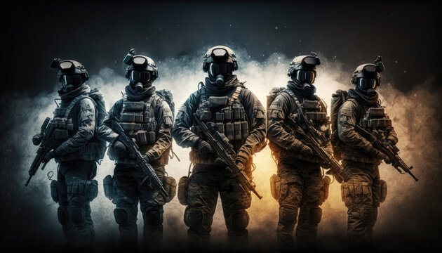 Special forces military units in full tactical gear holding weapon, battlefield concept Generative AI image