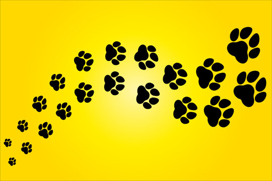 Trace And Path Of Animal Footprints, Dogs And Cats Walking Away, Yellow Background
