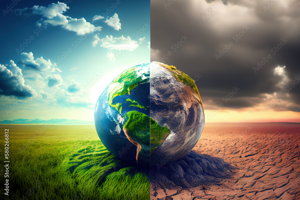 Poster earth on a background of grass and clouds versus a ruined earth on a background of a dead desert. ge