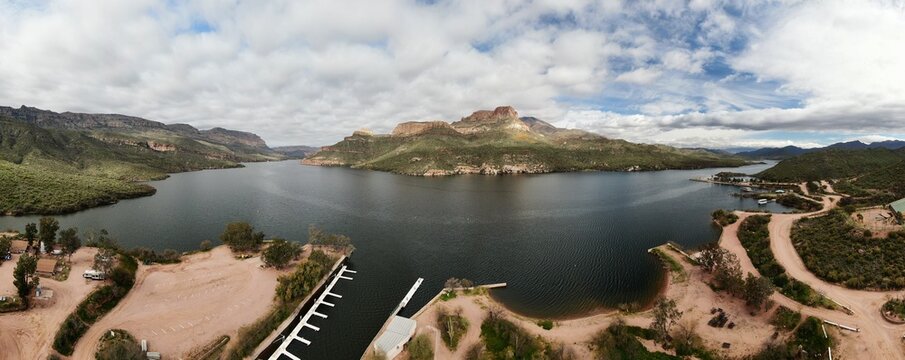 Aerial panorama over Apache Lake, Arizona, in the To to National Forest. 