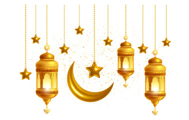 Luxury and elegant decoration for Ramadan Kareem celebration or other design. Golden crescent, lanterns and stars hanging, isolated on transparent background. Vector 3d realistic illustration