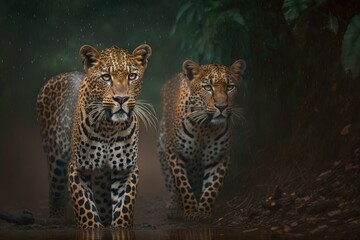 Obraz premium Two adult male Indian leopards (panthers) in the forest of central India during the wet monsoon season panthera pardus fusca. Generative AI