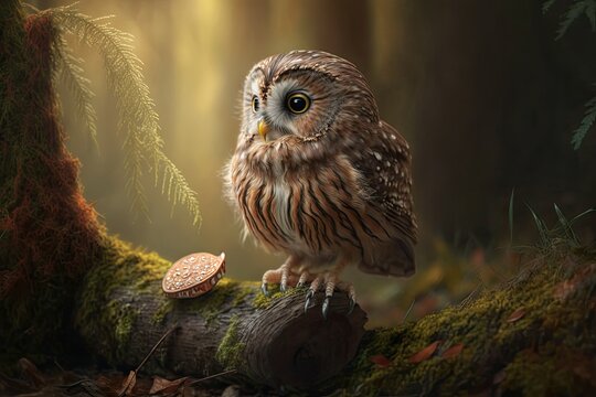 Small owl in the woods, holding a mouse. The brown owl, Strix aluco, in its natural woodland habitat, sitting on a tree with a catch. Such a pretty bird in the woods. Generative AI