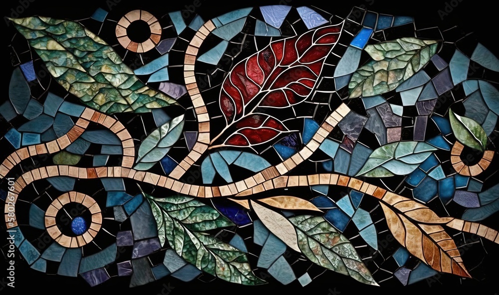 Poster a stained glass window with a tree branch and leaves on the side of the window, with a black backgro