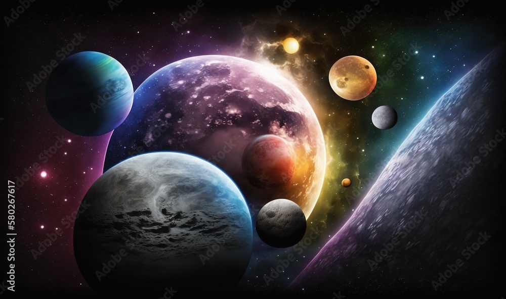 Aufkleber a group of planets in the space with stars and planets in the background, with the sun in the middle
