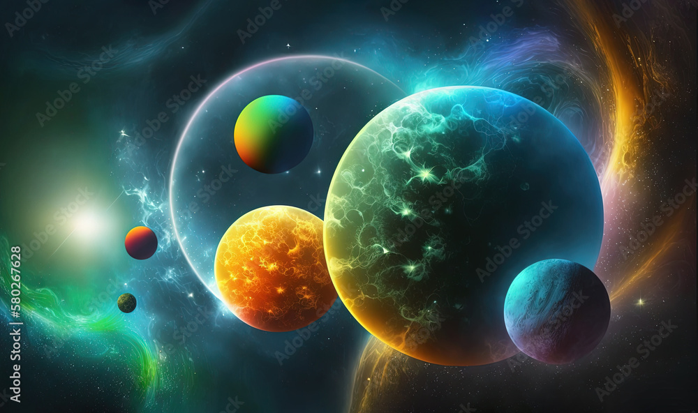 Poster a group of planets in a space with stars and planets in the background, with a black background and 