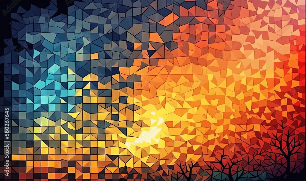 Aufkleber a colorful background with trees and a sky in the background with the sun in the middle of the pictu