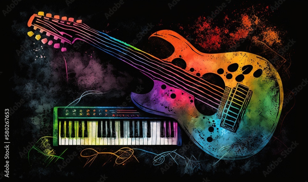 Poster a colorful guitar and a keyboard on a black background with a splash of paint on the top of the guit