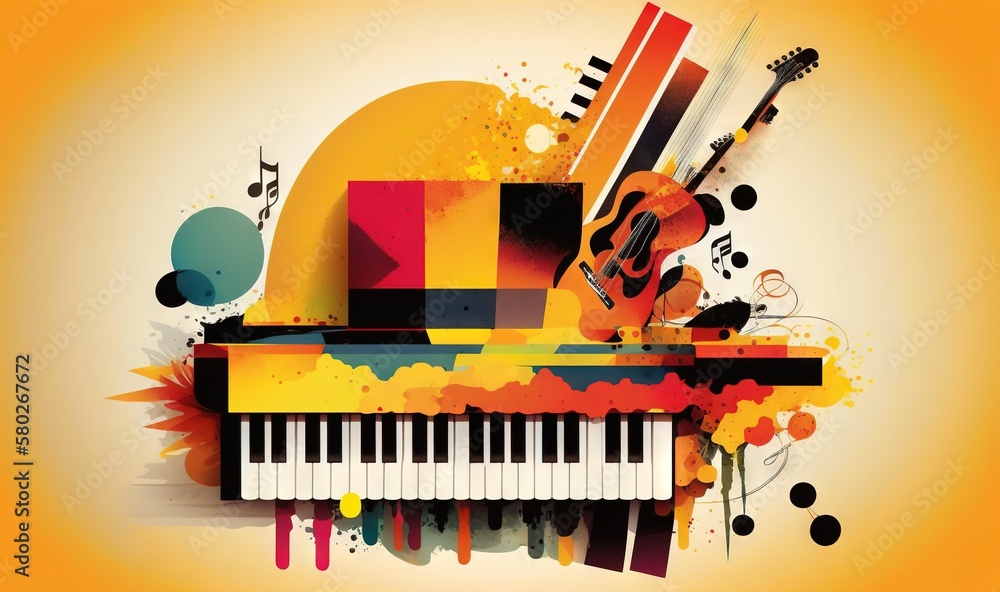 Poster an abstract music background with a piano and musical instruments on a yellow background with a spla