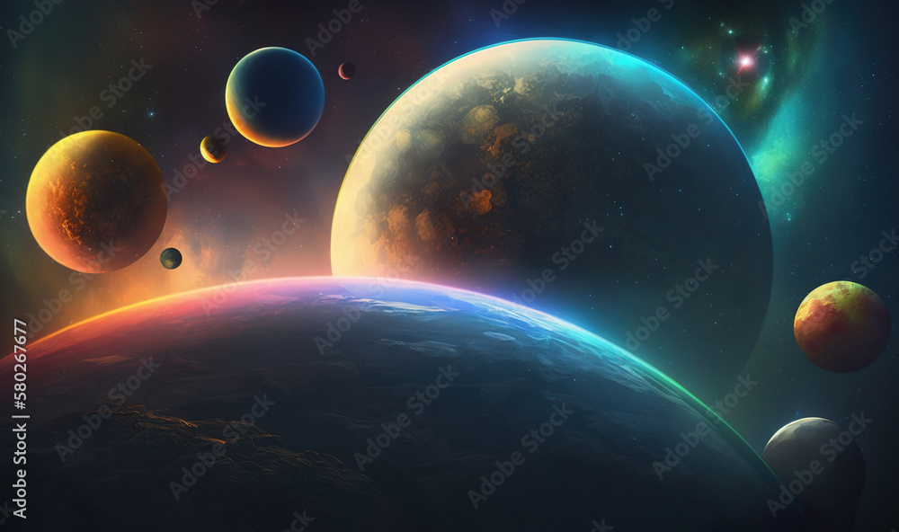 Poster an artist's rendering of a solar system with planets in the foreground and a distant star in the bac