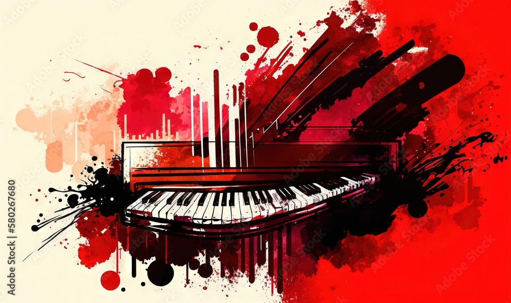 Poster a red and black abstract painting with a piano keyboard in the middle of the image and a splash of p