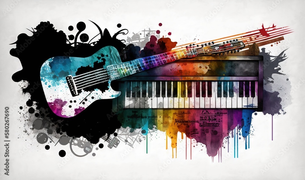 Poster a colorful guitar and piano with a splash of paint on the background of the piano keys and piano key