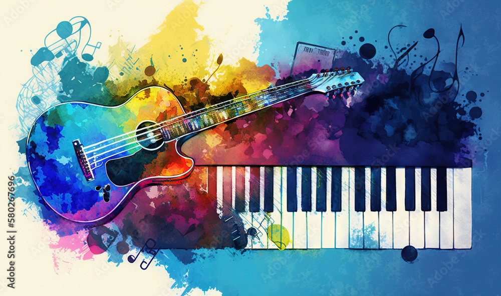 Poster a guitar sitting on top of a piano keyboard with music notes around it on a blue background with a s