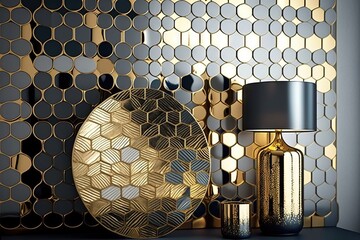  a table with a lamp, vase and mirror on it next to a wall with a gold and black mosaic design on it and a black lamp shade.  generative ai