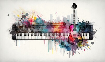  a guitar and a piano with a splash of paint on the top of it and a city skyline in the backgroup of it.  generative ai