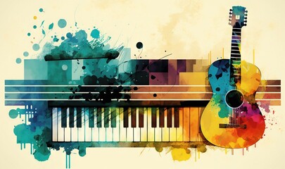  a guitar and a piano with a splash of paint on the background of the image is a multicolored background with a piano and a splash of colors.  generative ai - obrazy, fototapety, plakaty