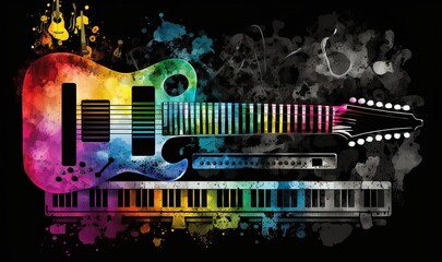  a colorful guitar with a musical note on it's neck and a guitar on the other side of the guitar is a multicolored background of music notes.  generative ai