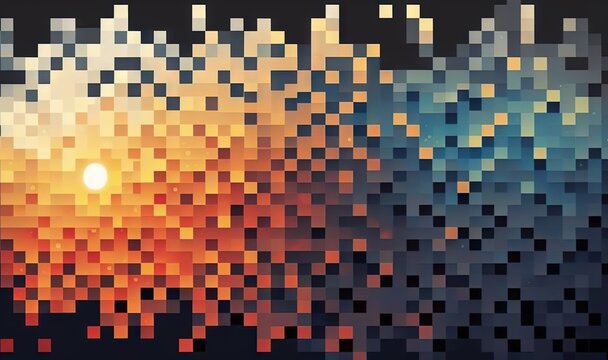  a picture of a sunset with a lot of small squares on the side of the picture and the sun in the distance with a black background.  generative ai