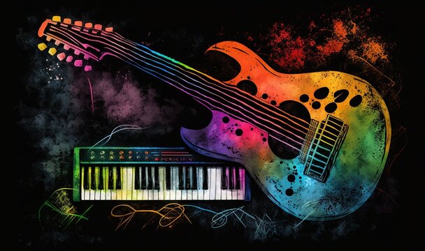  a colorful guitar and a keyboard on a black background with a splash of paint on the top of the guitar and the keys below it.  generative ai