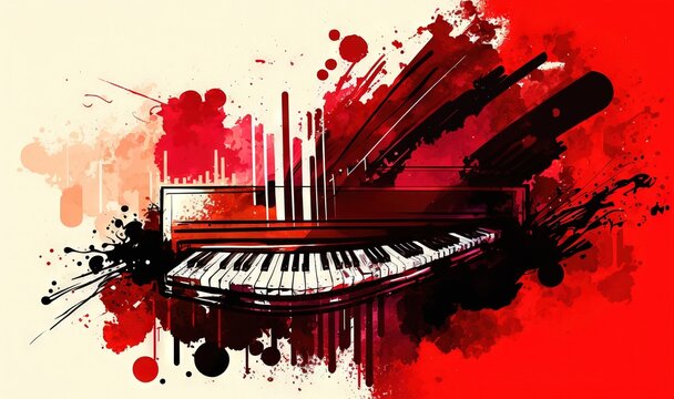  a red and black abstract painting with a piano keyboard in the middle of the image and a splash of paint on the bottom of the image.  generative ai