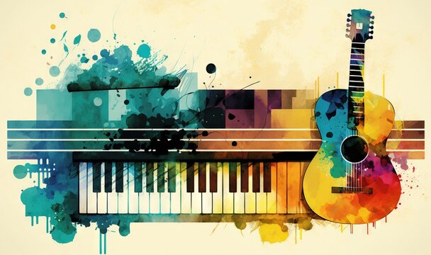  a guitar and a piano with a splash of paint on the background of the image is a multicolored background with a piano and a splash of colors.  generative ai