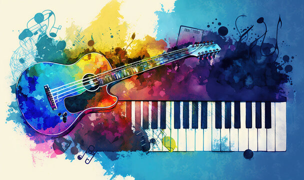  a guitar sitting on top of a piano keyboard with music notes around it on a blue background with a splash of paint behind it and a multicolored background.  generative ai