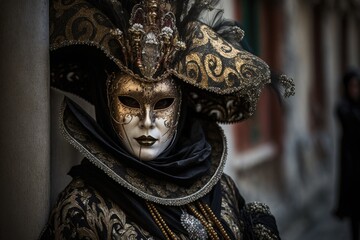 Photo taken on February 4, 2016, in Venice, Italy, of a woman wearing a mask for the annual carnival celebration. Generative AI