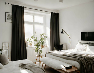 Large bright modern bedroom in Scandinavian style