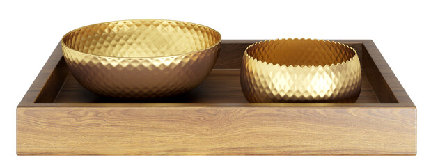 Decorative wooden square tray with golden metal bowls. Home decor and accents. Home decorative accessories. Isolated interior object. 3d rendering