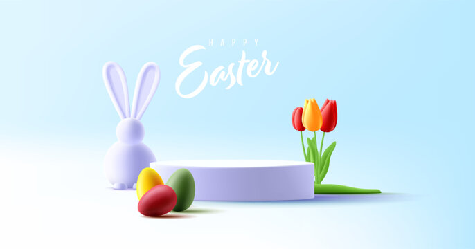 Easter greeting product placement podium with 3d render illustration of coloured eggs, white easter bunny and tulips flowers