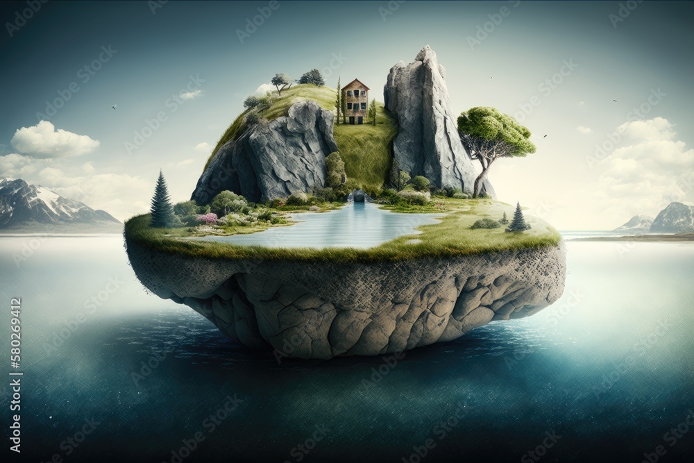 Poster surreal float scenery with the theme of utopia; dreamlike island with natural grass field on rock. g