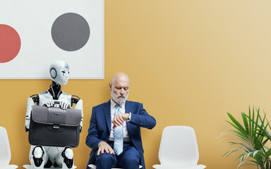 Man and AI robot waiting for a job interview - obrazy, fototapety, plakaty