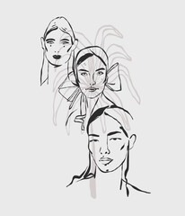 Hand drawn vector abstract graphic line art simple,contemporary collection set with boho feminine aesthetics.,woman portraits.Fashion feminine concept design for wall decor,print,wallpaper,background.