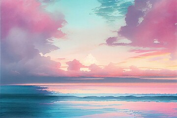  rose sky, calm ocean, clear water, watercolor style Generative AI