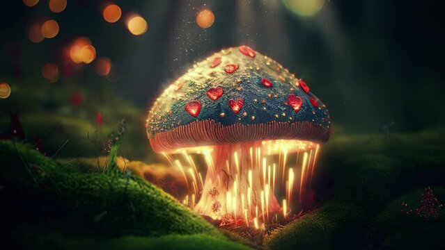 Magical romantic toadstool with hearts in a fairy forest 3D video loop animation background card
