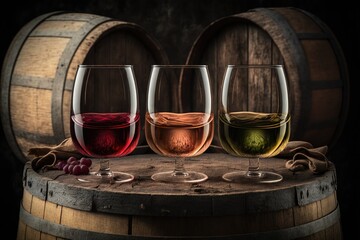 Red, white, and rose wine in three glasses, arranged on a wooden barrel. Photographic panorama. Generative AI