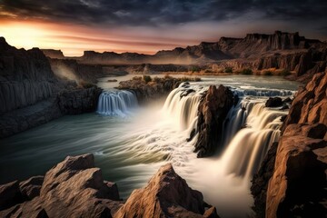 Shoshone Falls, also known as Niagara of the West, are located on the Snake River in Idaho, United States. Generative AI