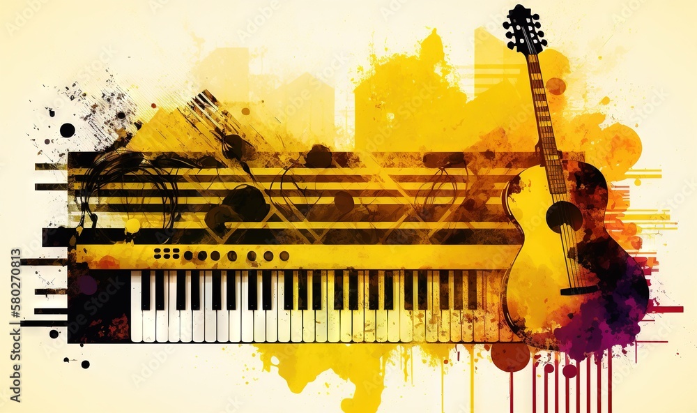 Poster a guitar and a keyboard with a splash of paint on the side of the image and a city skyline in the ba