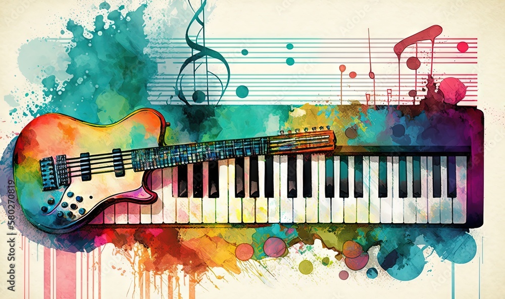 Aufkleber a guitar and a keyboard with musical notes on a grungy background with a splash of watercolor paint 
